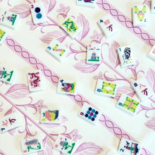 Load image into Gallery viewer, Scalloped Square Game Table Topper | Lilac Botanical Stripe