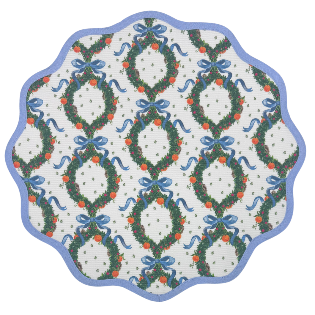 Round Scalloped Placemat | Holiday Wreath - Cornflower Blue