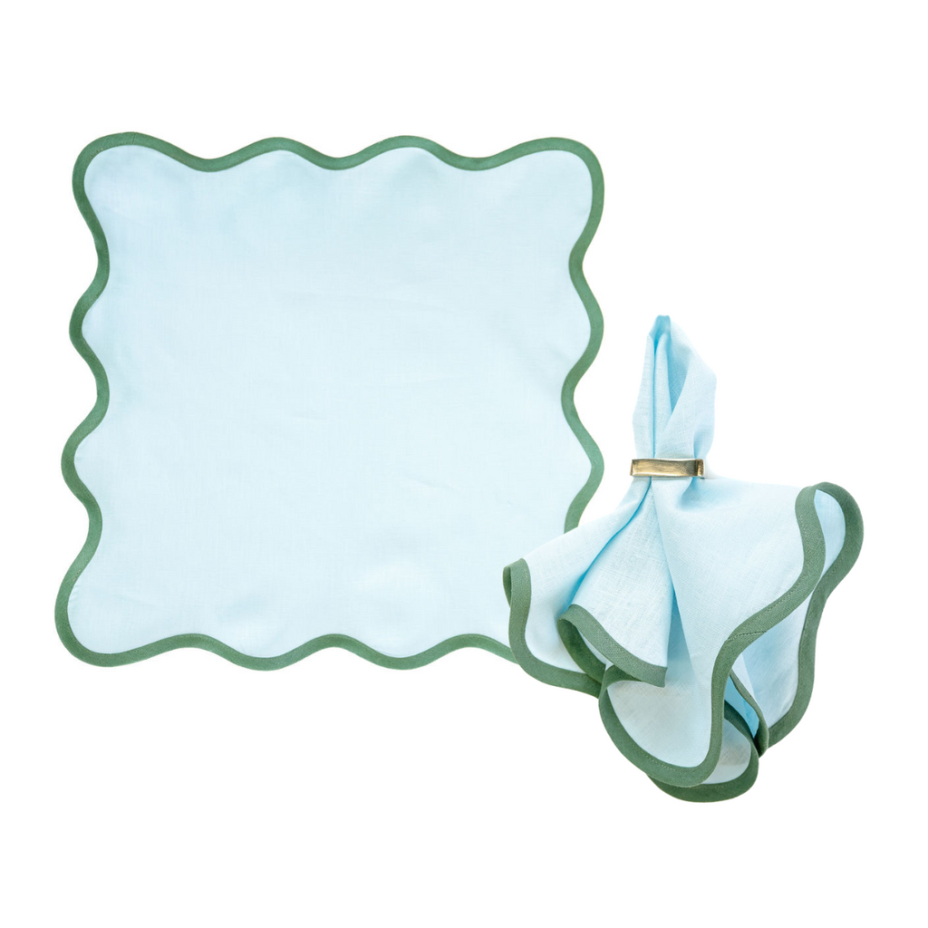 Linen Scalloped Square | Sky Blue with Pine Green