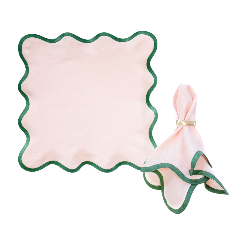 Linen Scalloped Square | Peony Pink with Pine Green | SAMPLE