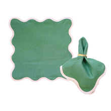 Load image into Gallery viewer, Linen Scalloped Square | Pine Green with Peony Pink
