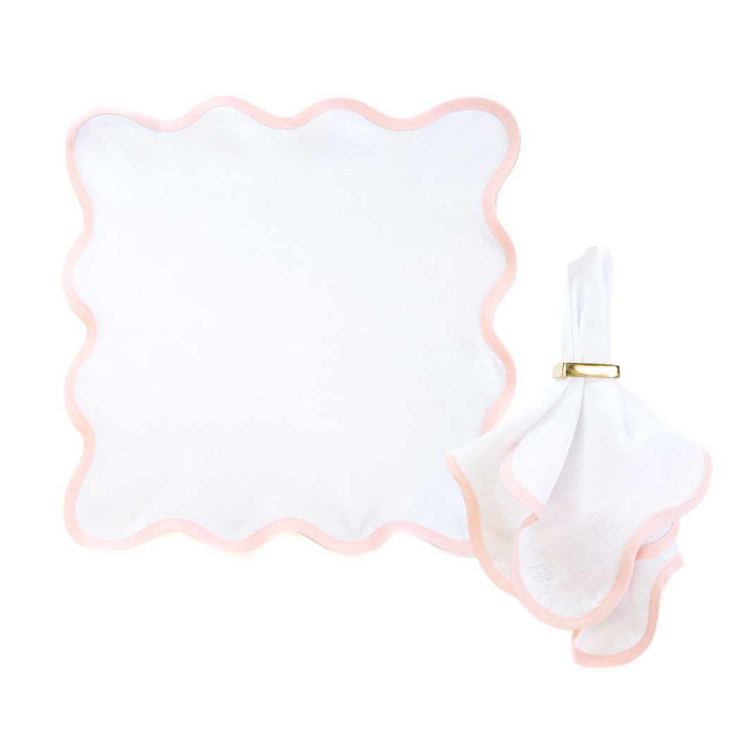 Linen Scalloped Square | Lily White with Peony Pink