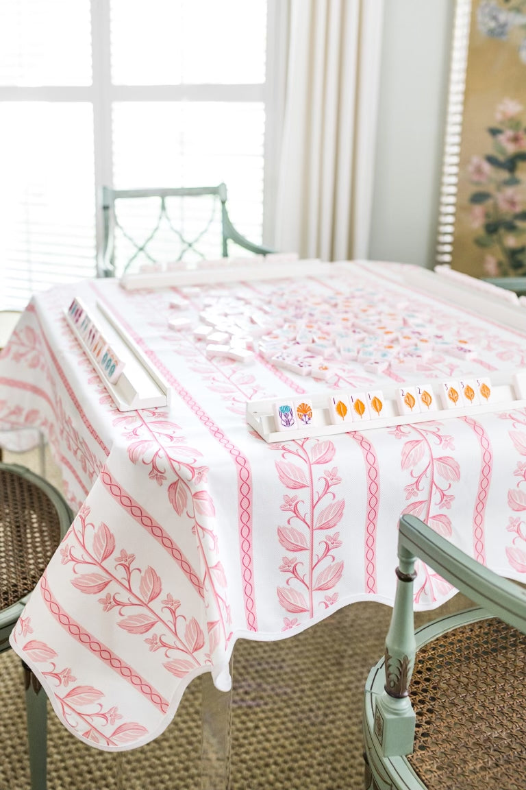 Scalloped Square Game Table Topper | Pink Botanical Stripe