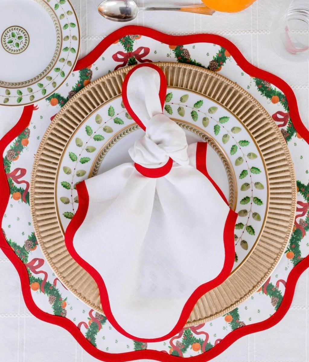 Linen Scalloped Square | Lily White with Rosebud Red