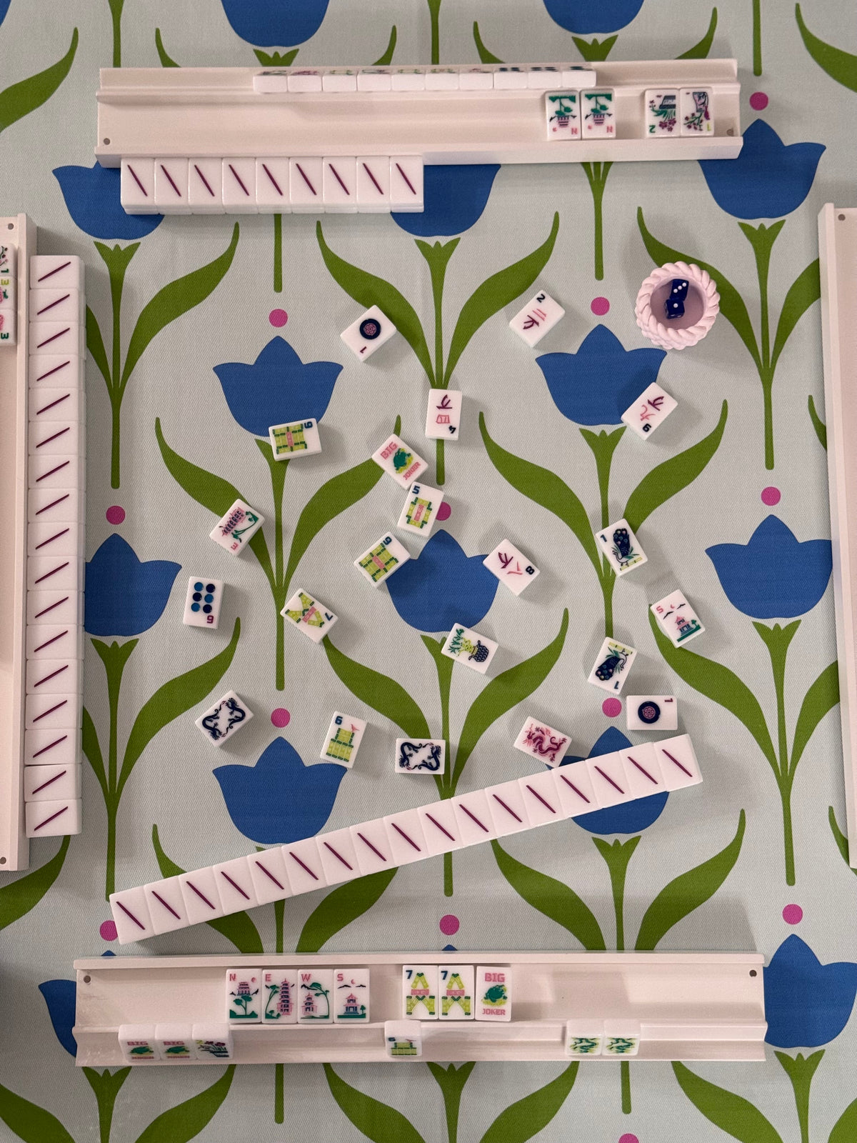 Scalloped Square Game Table Topper | Modern Tulip | Blue
