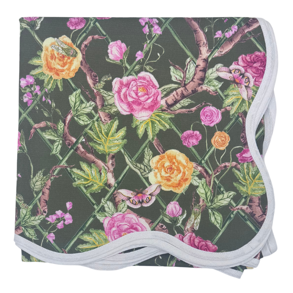 Scalloped Square Table Topper | Climbing Roses - Moss