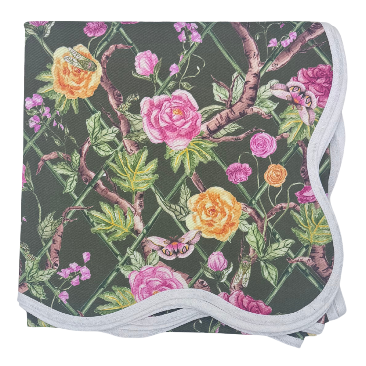 Scalloped Square Table Topper | Climbing Roses - Moss