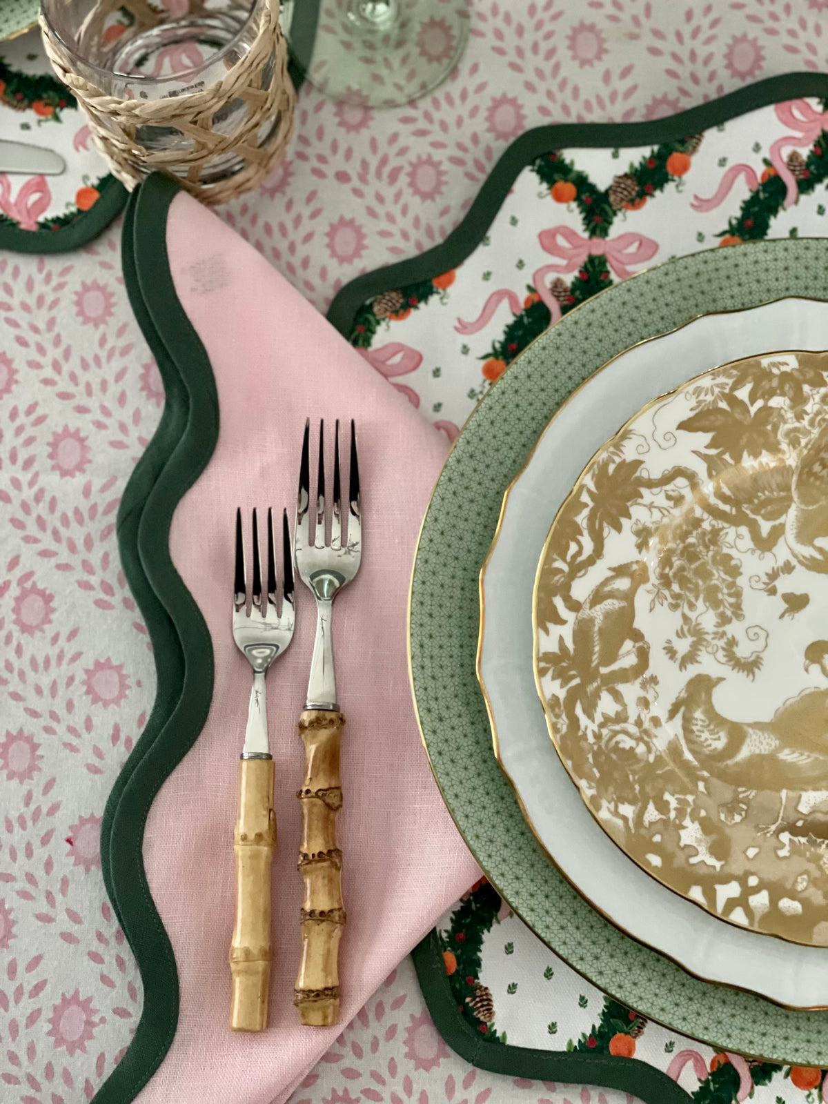 Linen Scalloped Square | Peony Pink with Pine Green
