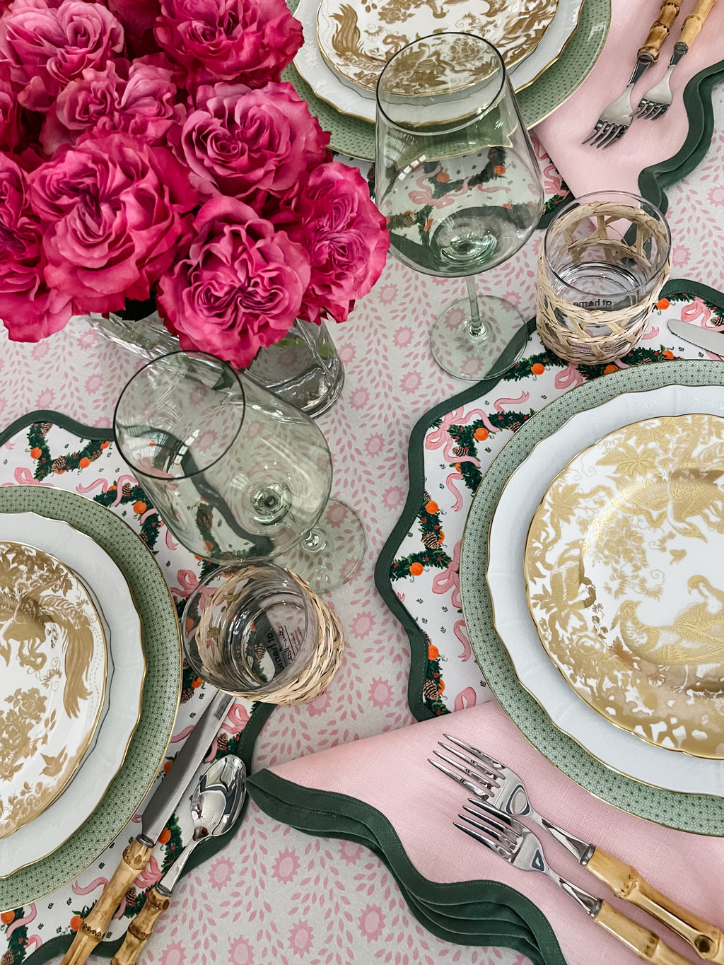 Linen Scalloped Square | Peony Pink with Pine Green