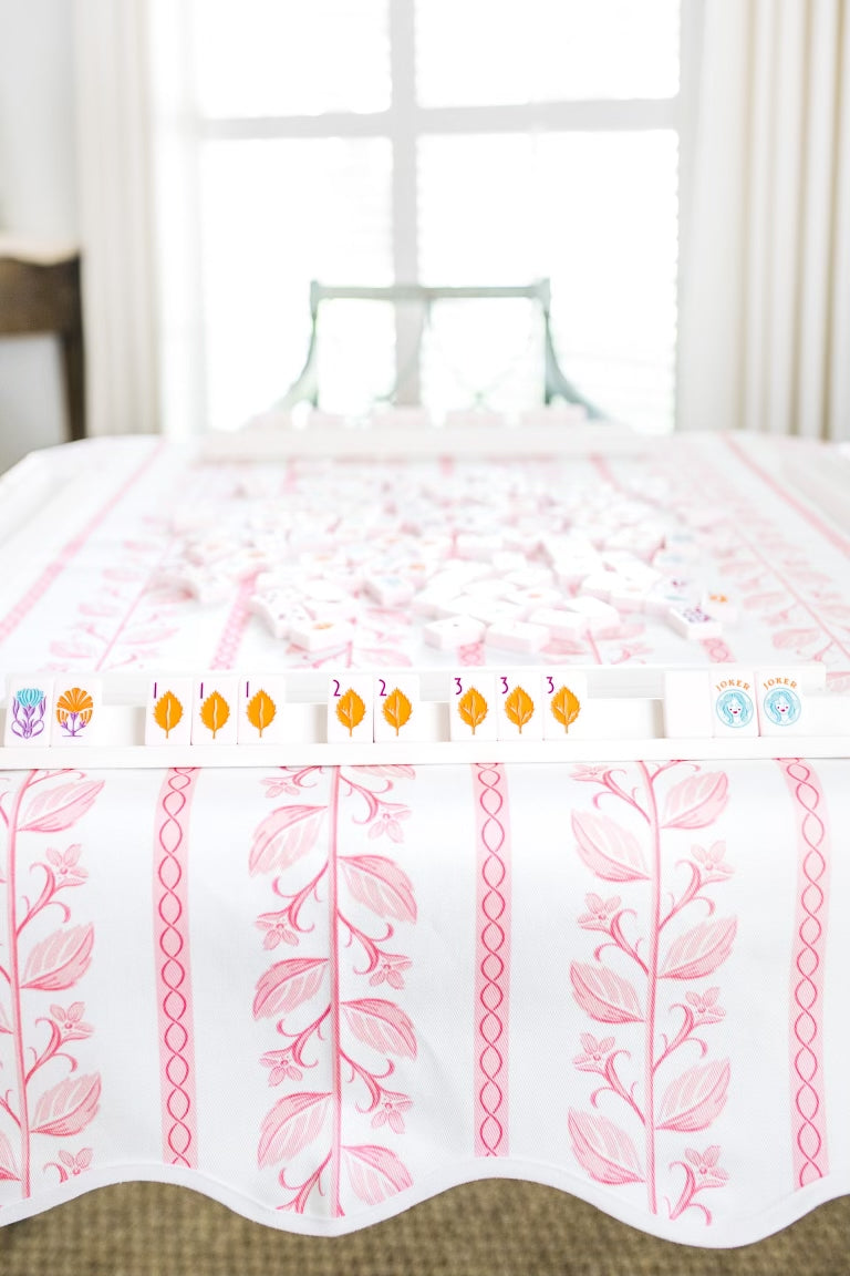Scalloped Square Game Table Topper | Pink Botanical Stripe