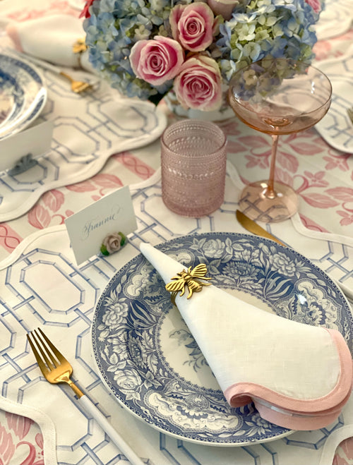 Linen Scalloped Square | Lily White with Peony Pink