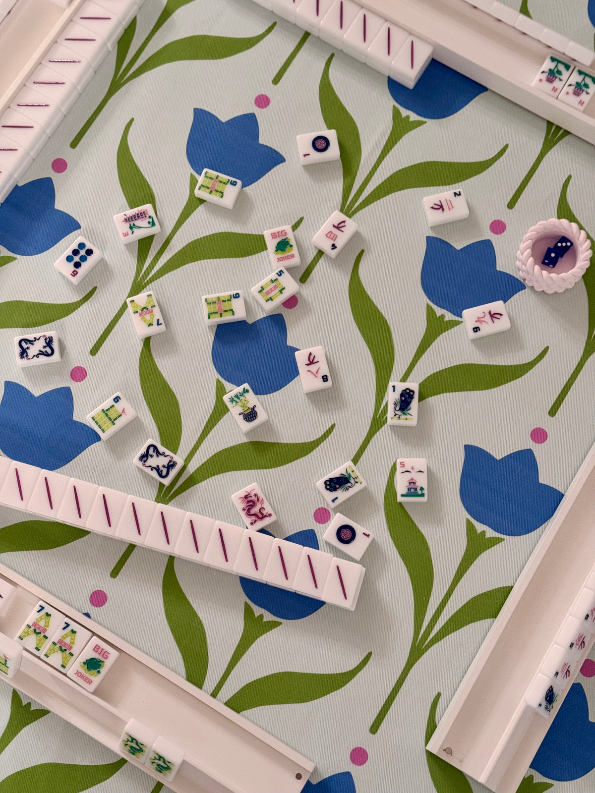 Scalloped Square Game Table Topper | Modern Tulip | Blue