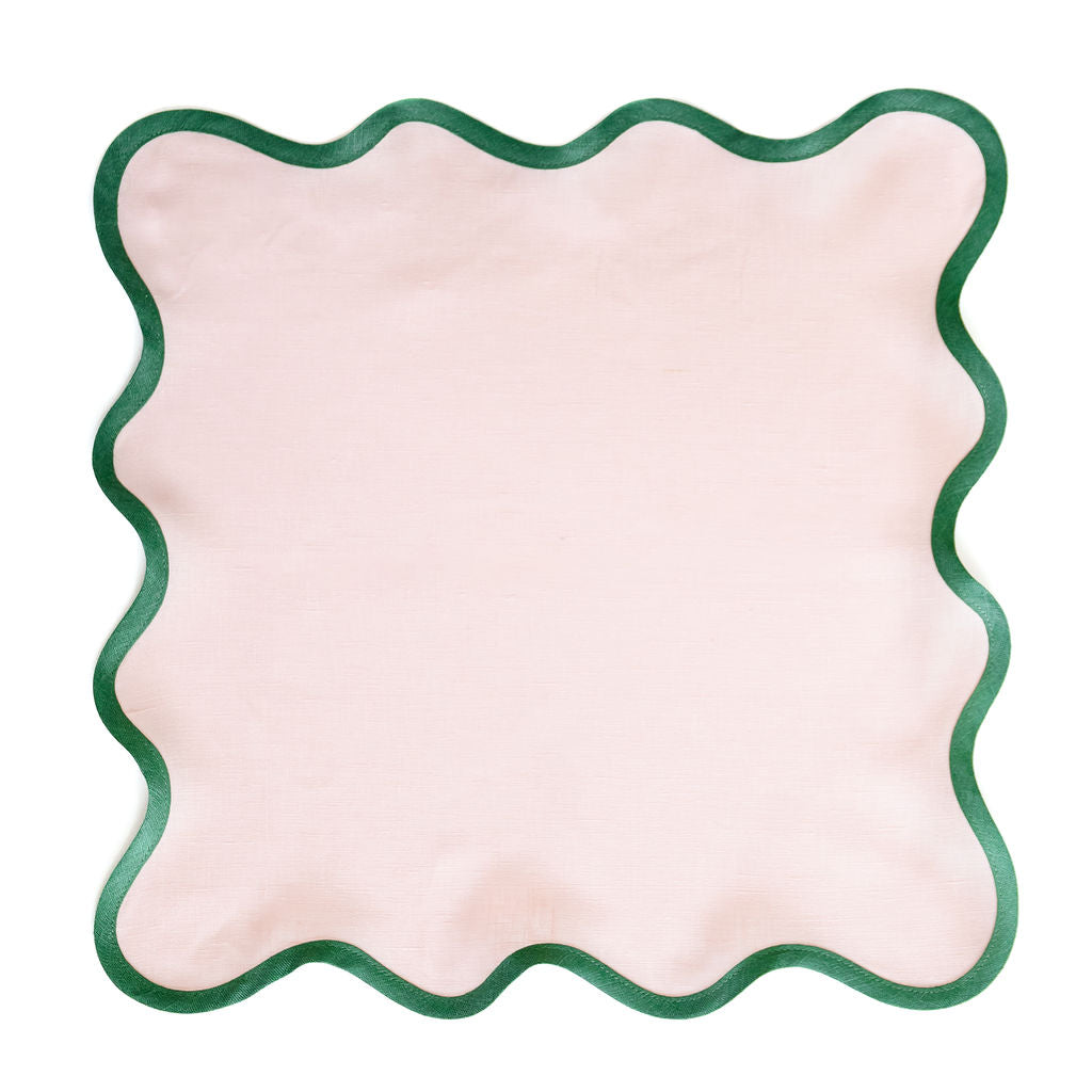 Linen Scalloped Square | Peony Pink with Pine Green | SAMPLE