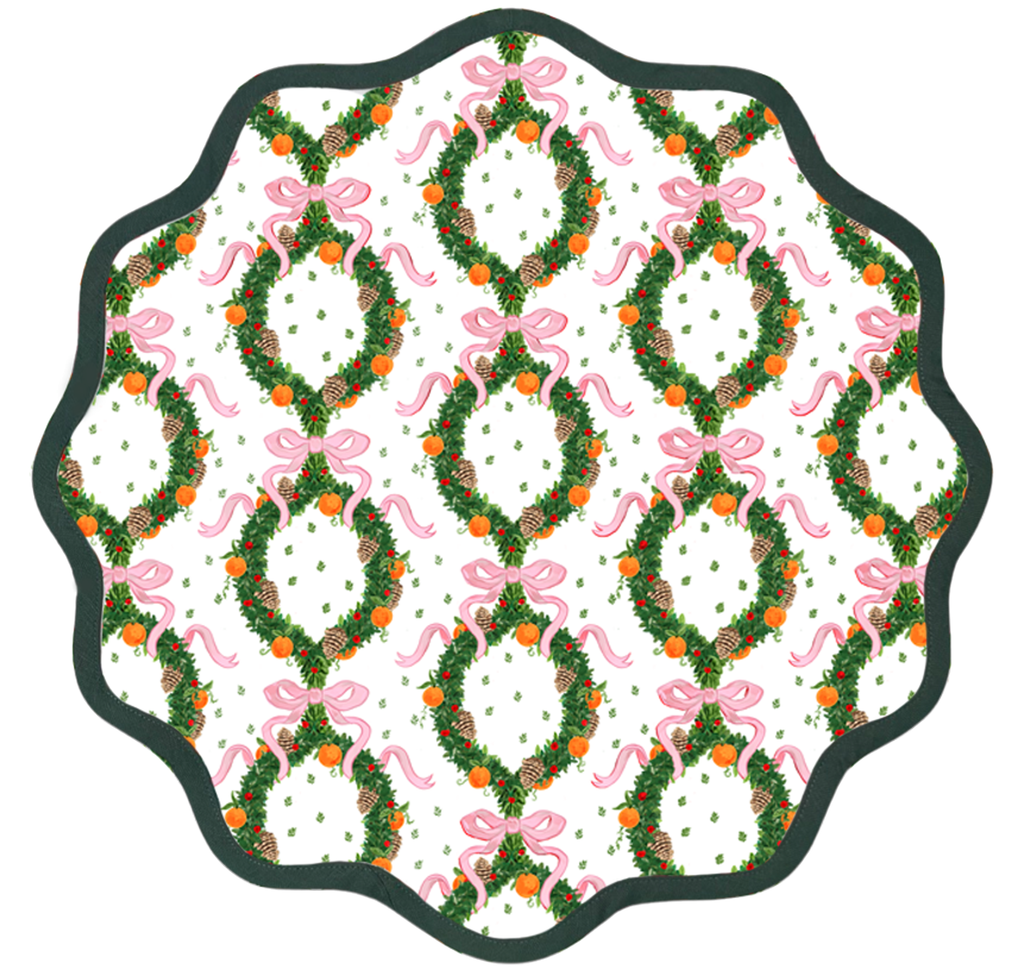 Round Scalloped Placemat | Holiday Wreath - Peony Pink